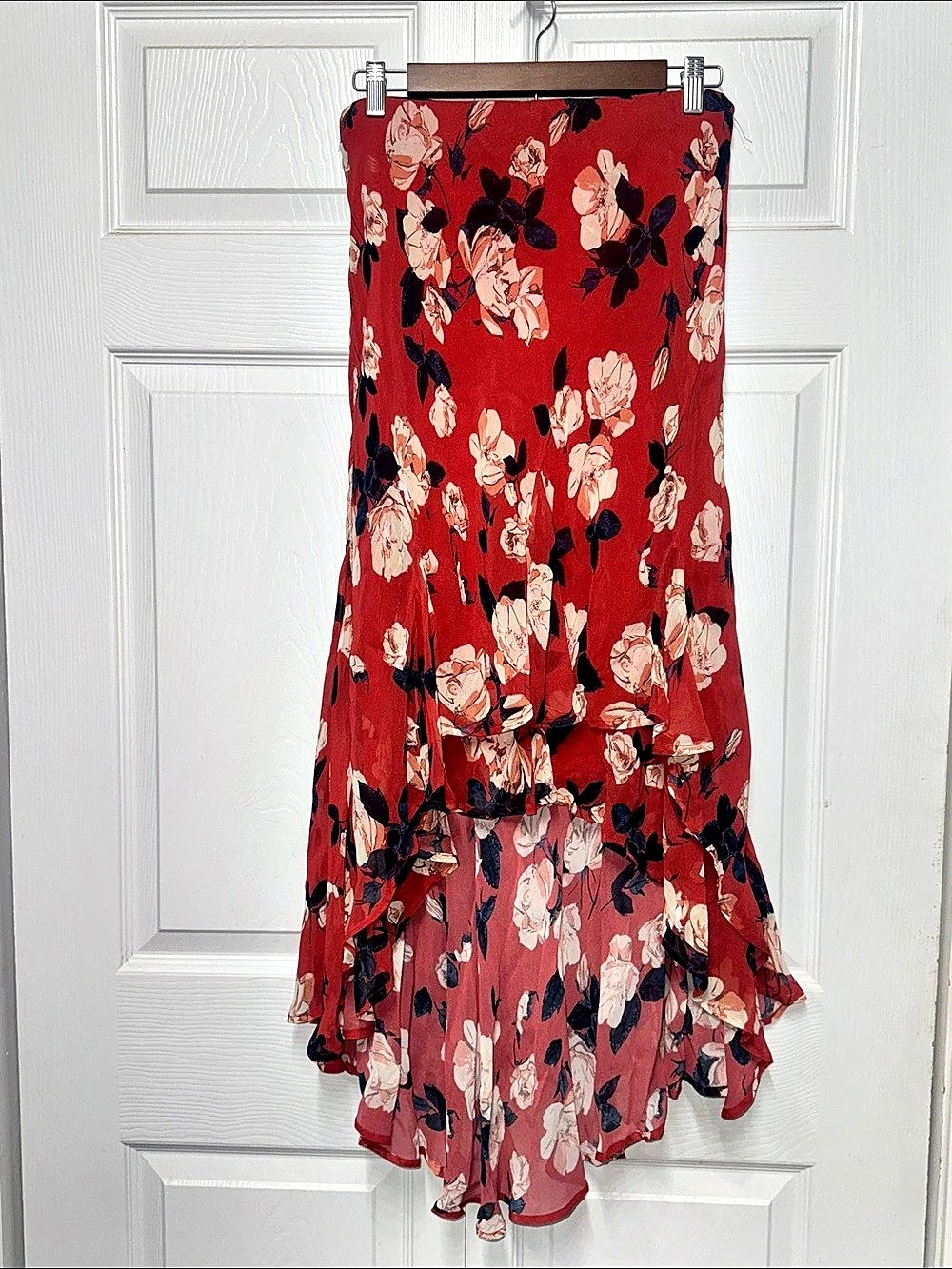 Maeve Floral Ruffle Maxi Skirt in Red Size Medium
